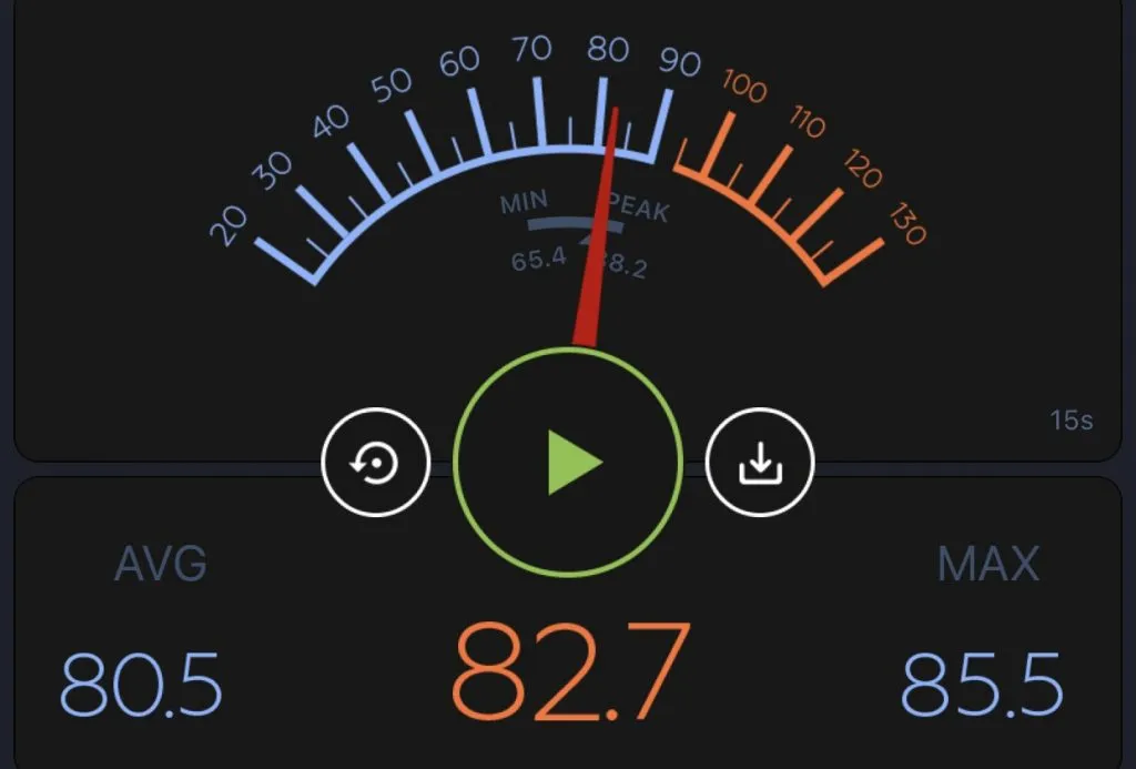 Decibel reading of the Doss PartyBoom, measured at 6 feet from the speaker at full volume, showing a reading of 80.5dB
