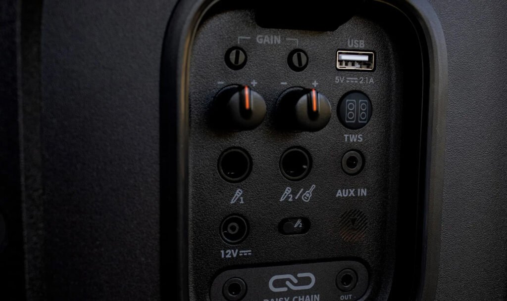 A dark shot of the back of the JBL PartyBox 310, showing the ports