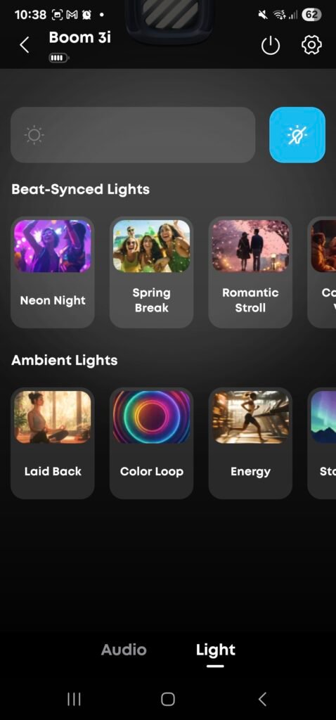 Boom 3i Lighting effects options in the Soundcore app
