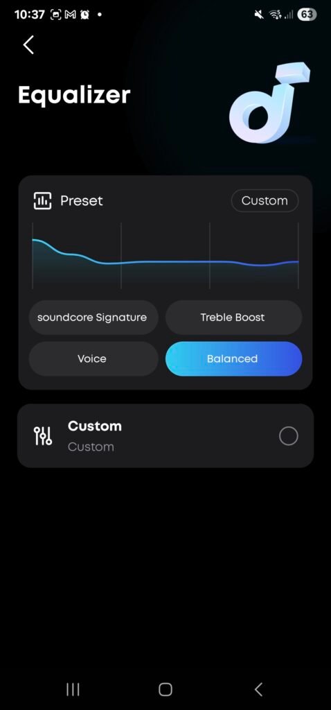 The inside of the Soundcore app, showing the balanced EQ preset signature