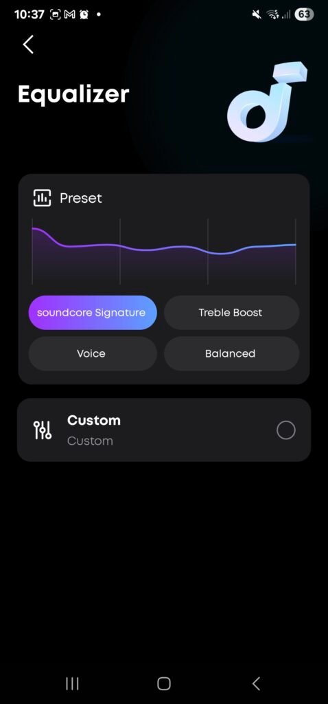 The inside of the Soundcore app, showing the soundcore signature EQ preset signature
