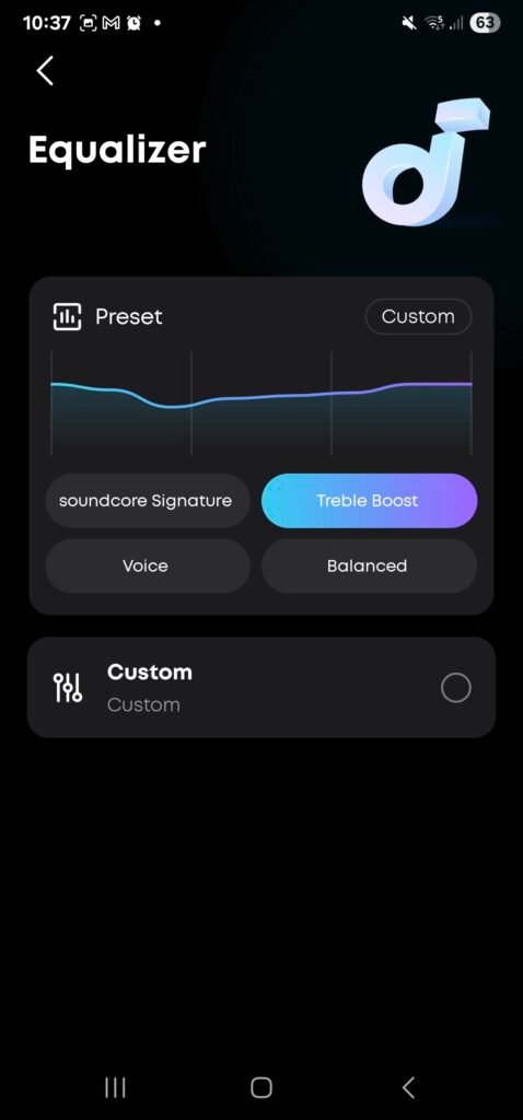 The inside of the Soundcore app, showing the treble boost EQ preset signature