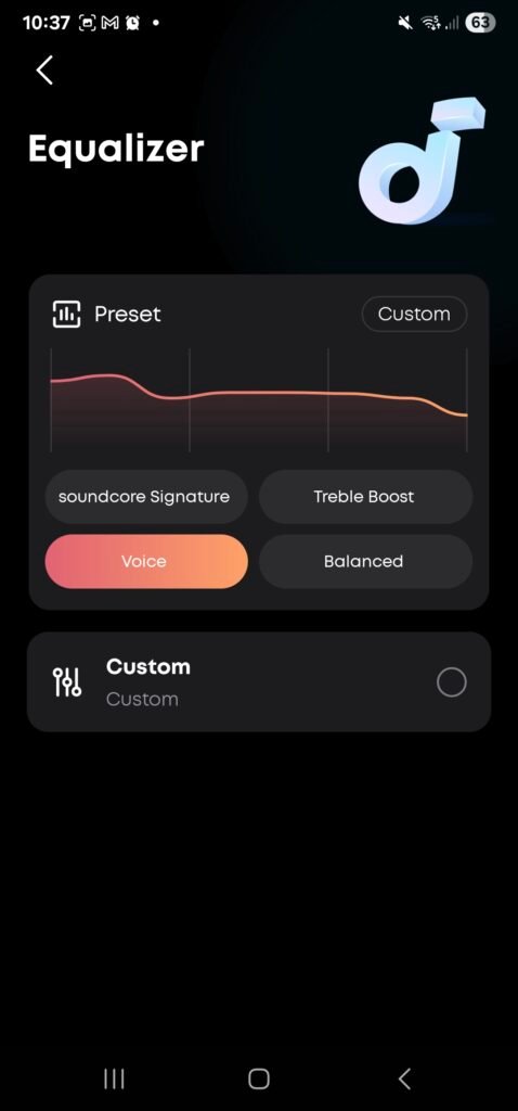 The inside of the Soundcore app, showing the voice EQ preset signature