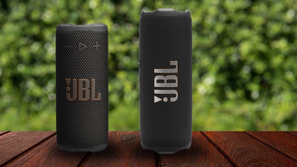 JBL Grip (Left) on a table outside JBL Flip 7 (Right)